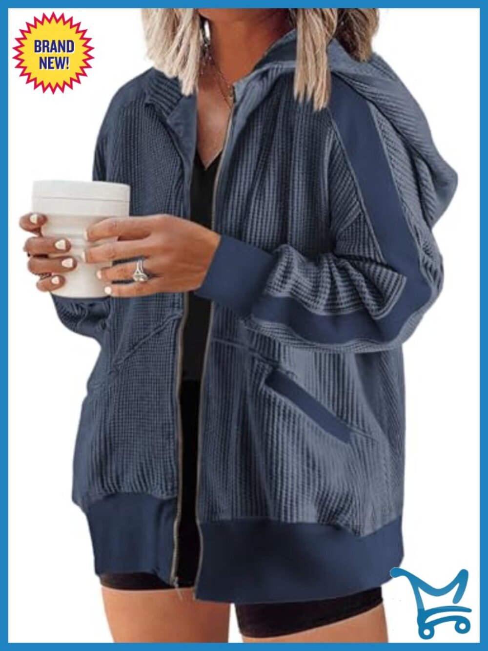 Plus Size Zip Up Hoodie Waffle Knit Oversized Sweatshirt with Pockets